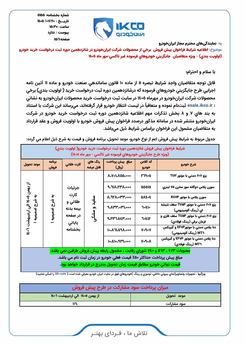 صفحه اول بخشنامه شماره ۵۱۵۵ ایران خودرو، مورخ ۱۴۰۵/۰۷/۲۰